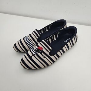 VIVAIA Audrey Round Toe Embroidered Loafers Navy Ivory Stripe Dog 37.5 / 7 US